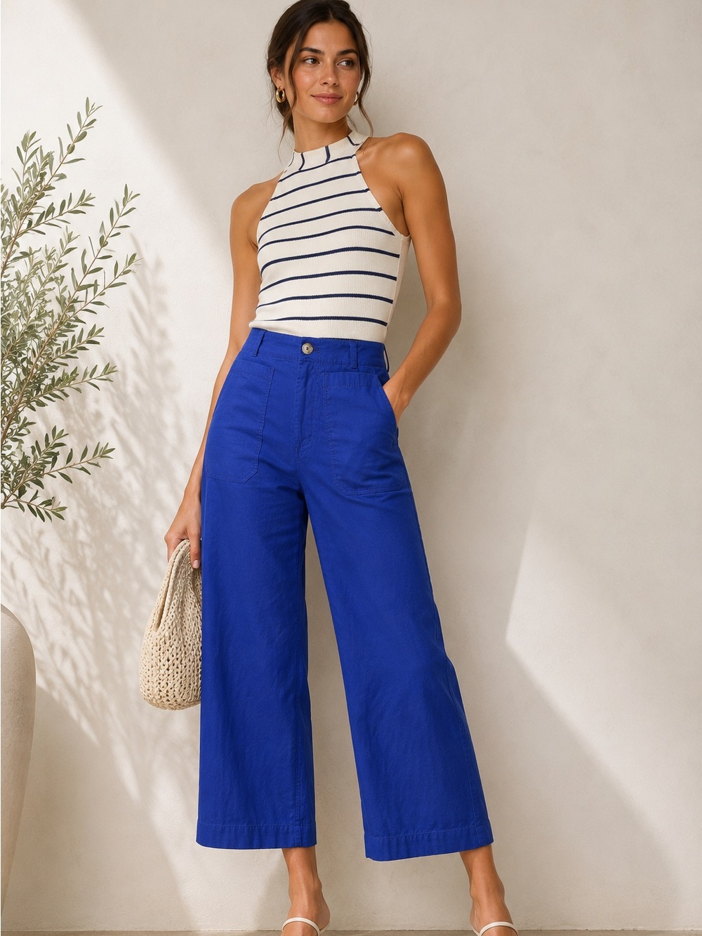 Anthropologie Cobalt Blue Wide-Leg Cropped Pants